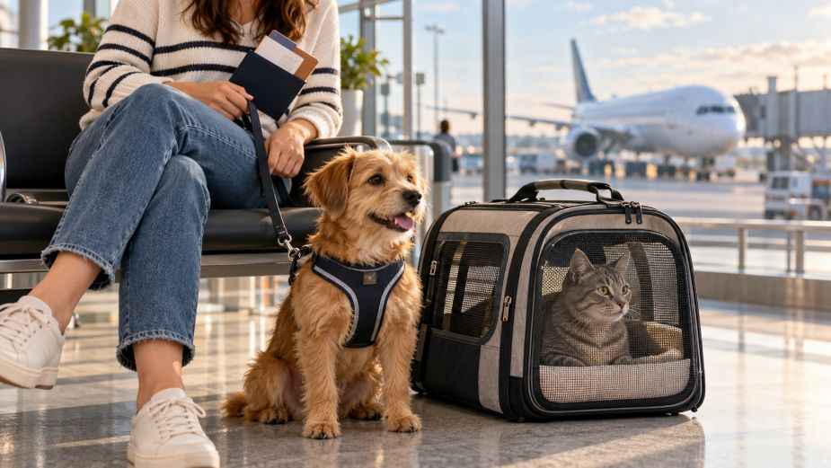 Cachorro ao lado de sua responsável e gato em bolsa de transporte em um aeroporto, com avião ao fundo